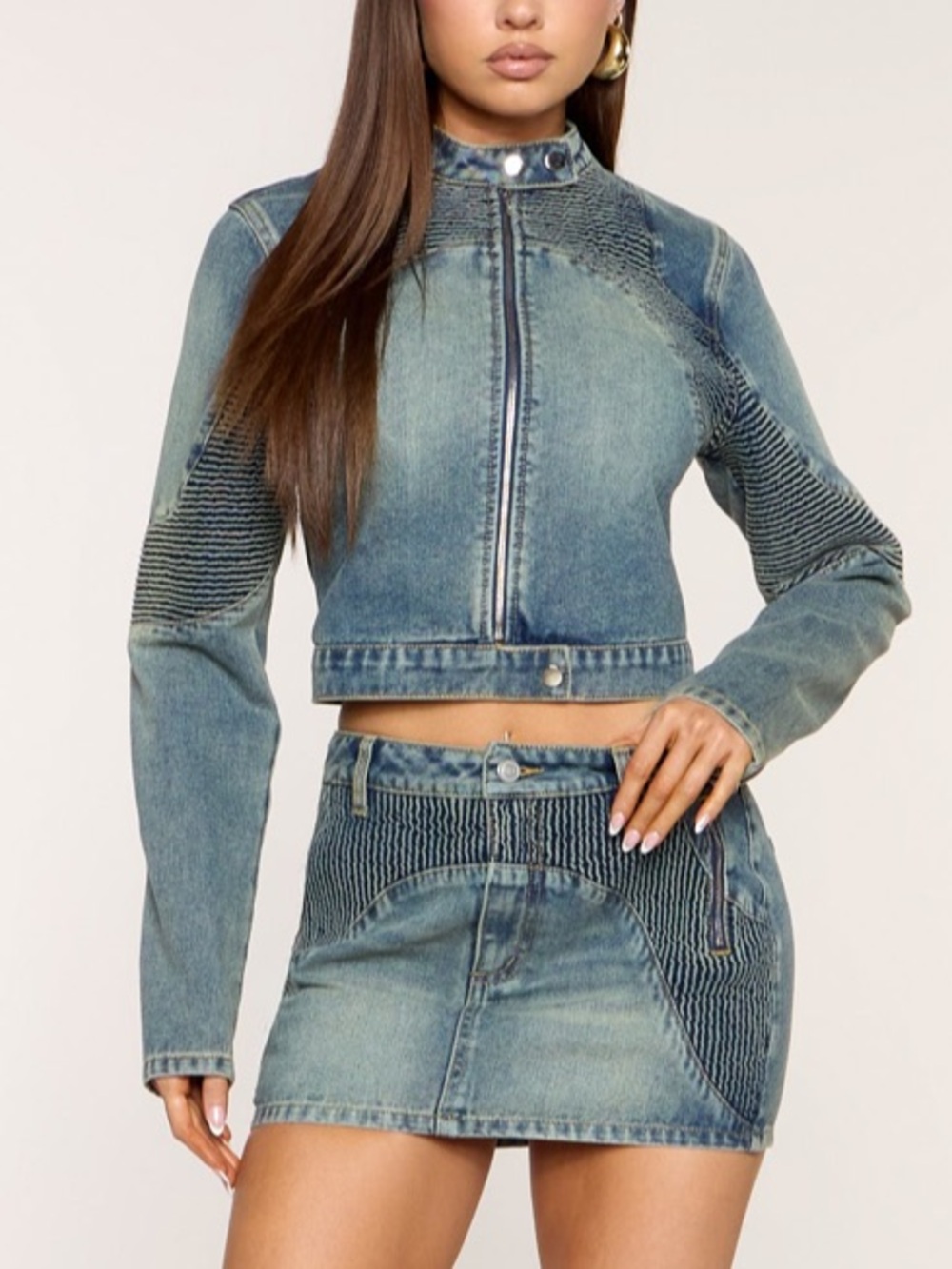Cropped Blue Denim Moto Jacket - Women's Jeans Set Sz Small - Picture 2 of 6